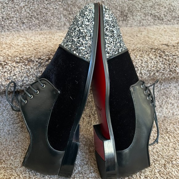 Piergitar Men\'s Black Oxford Leather Velvet Silver Glitter Toe Red Bottom Shoes main image 12